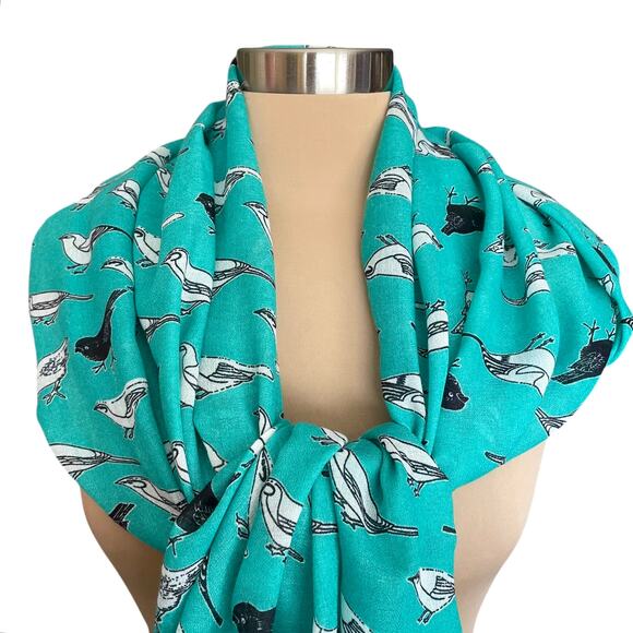 Lafayette Collection Aqua Bird Print Scarf Cotton Large Rectangle 72" x 29" - Picture 3 of 8